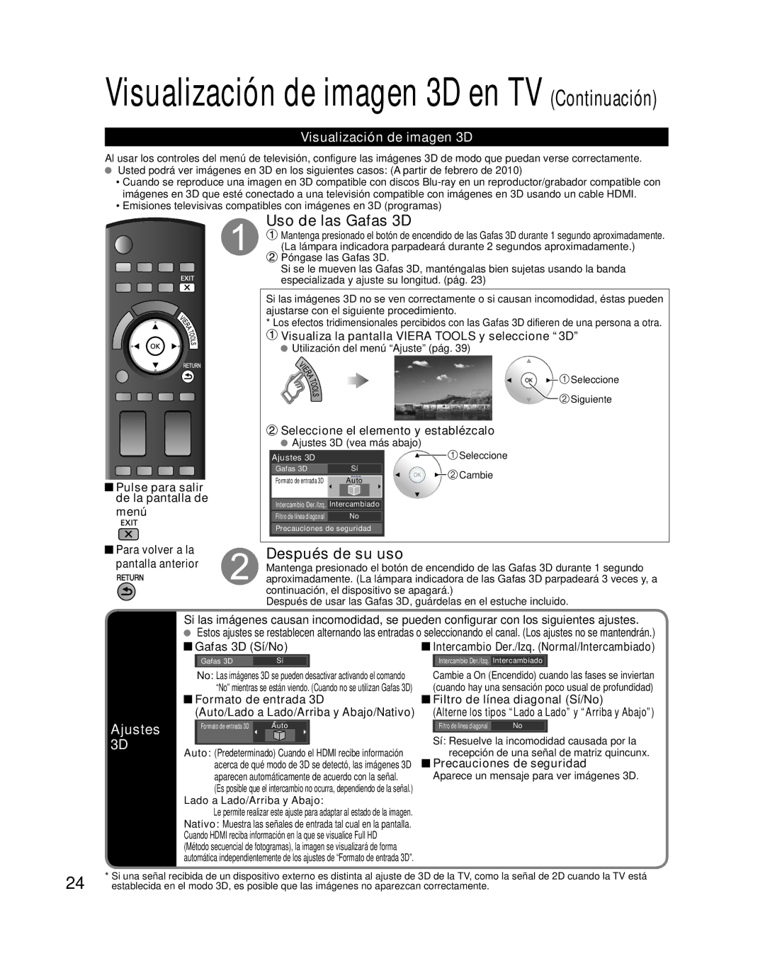 Panasonic TC-P58VT25 Uso de las Gafas 3D, Después de su uso, Ajustes 3D, Visualización de imagen 3D, Gafas 3D Sí/No 