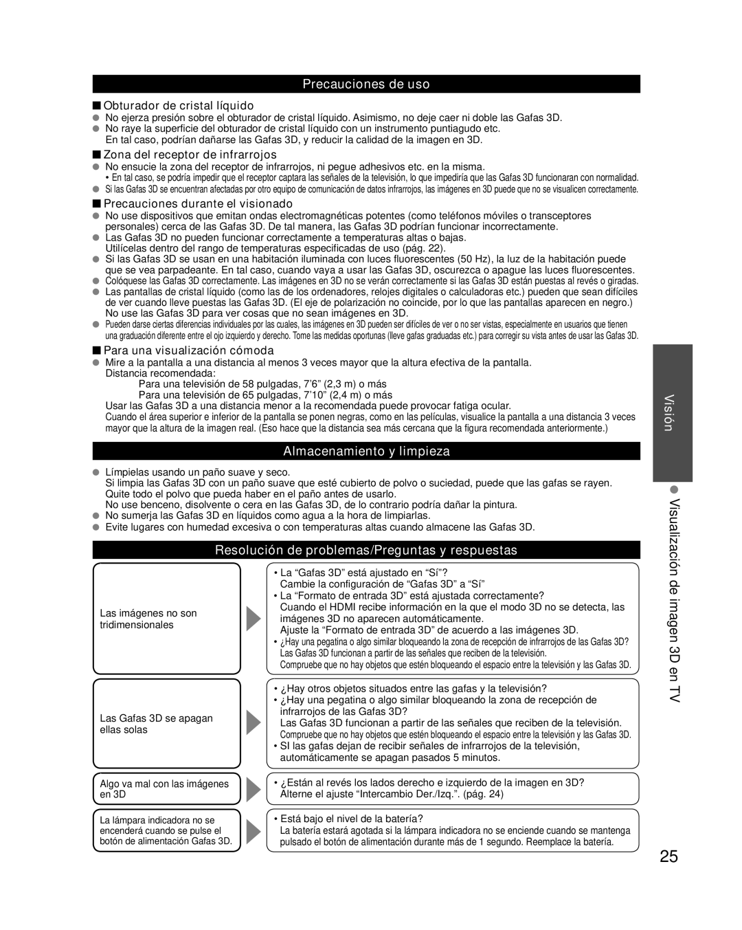 Panasonic TC-P58VT25 quick start De imagen 3D en TV, Precauciones de uso, Almacenamiento y limpieza 
