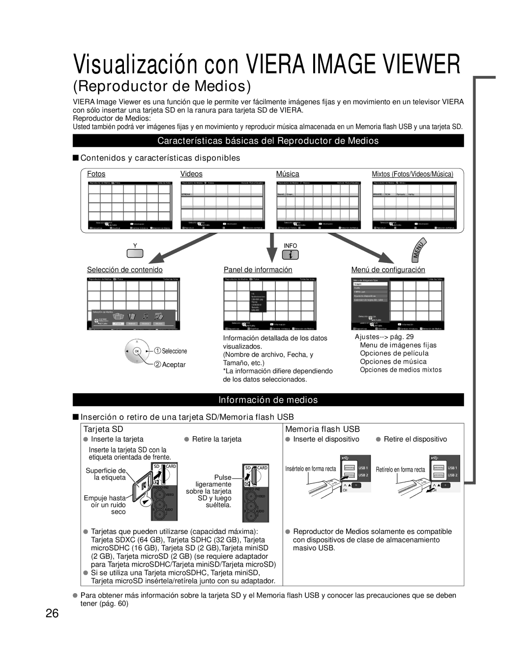 Panasonic TC-P58VT25 Características básicas del Reproductor de Medios, Información de medios, Memoria flash USB 