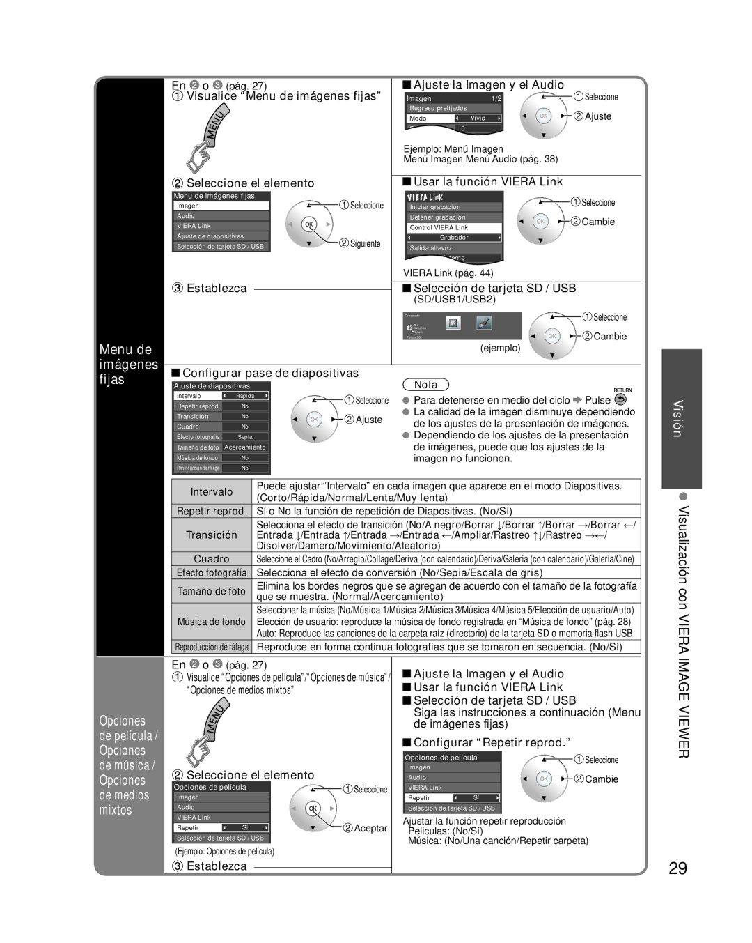 Panasonic TC-P58VT25 quick start Menu de, Imágenes, Fijas, Visualización con Viera 