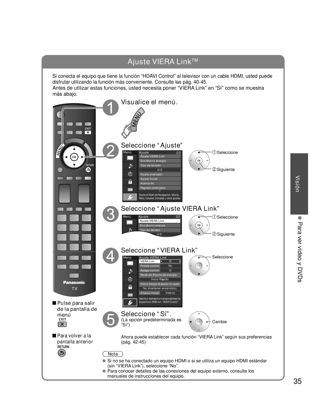 Panasonic TC-P58VT25 quick start Visualice el menú Seleccione Ajuste, Seleccione Ajuste Viera Link, Seleccione Viera Link 