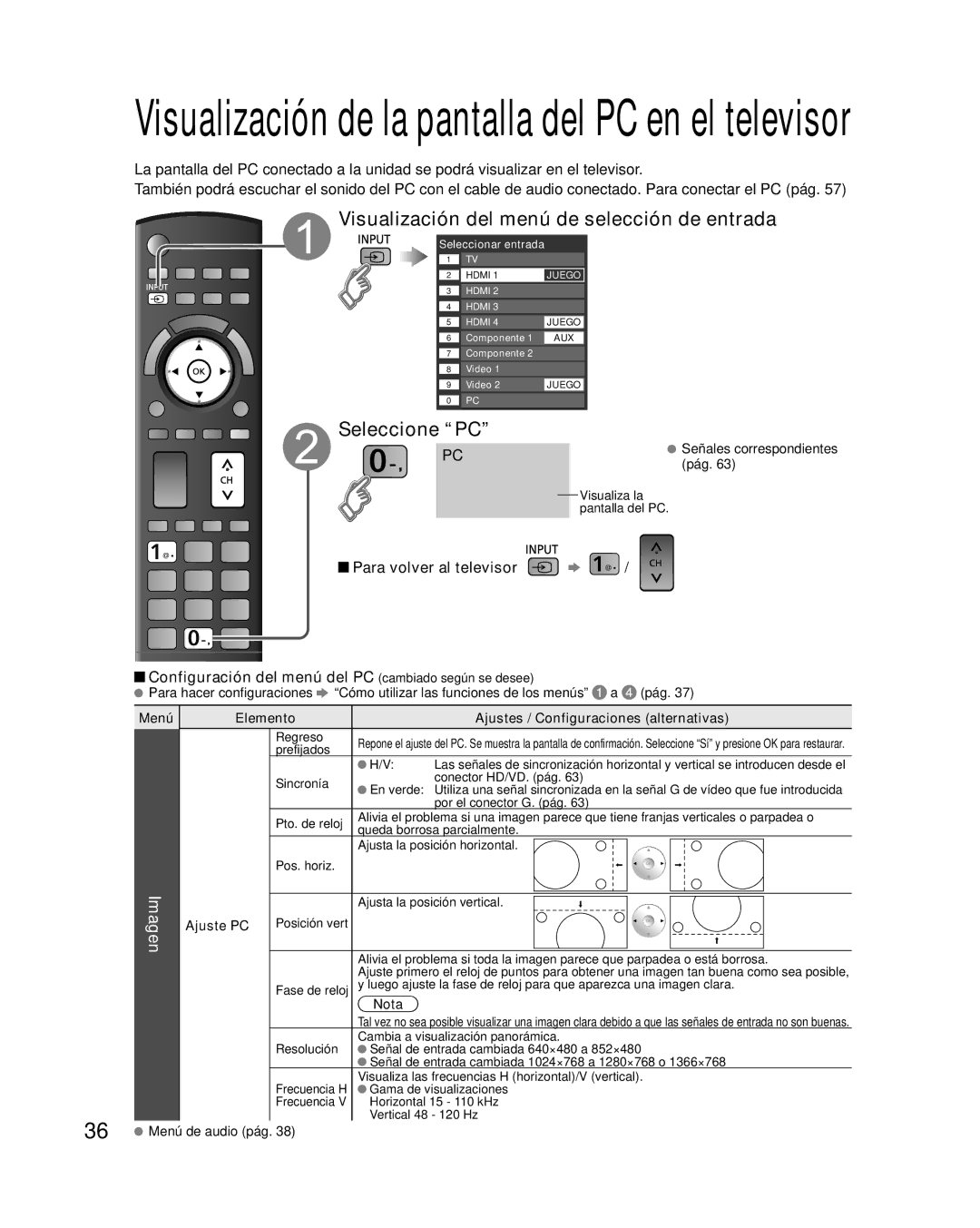 Panasonic TC-P58VT25 quick start Visualización del menú de selección de entrada, Seleccione PC, Imagen, Ajuste PC 