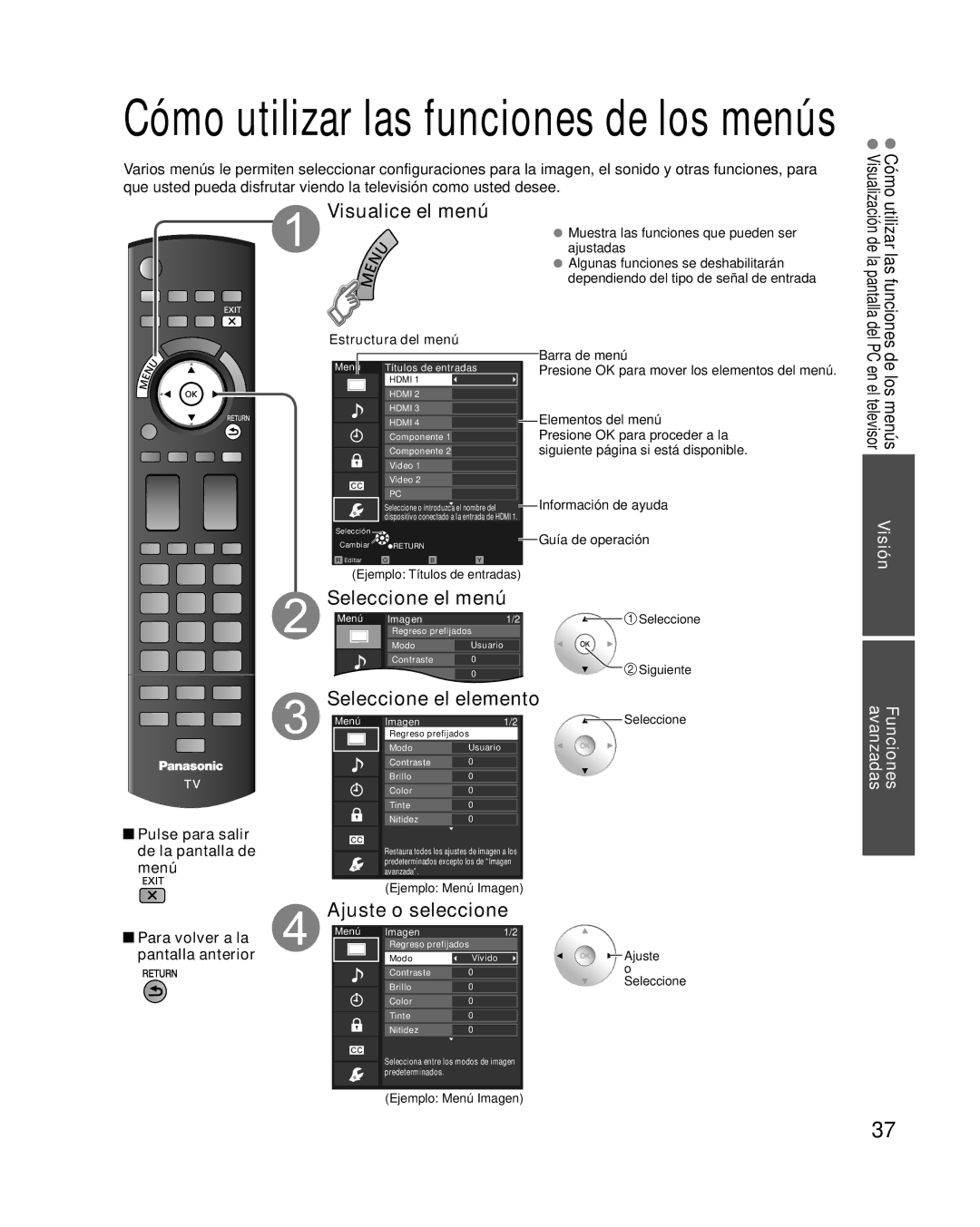 Panasonic TC-P58VT25 quick start Visualice el menú, Seleccione el menú, Ajuste o seleccione, Visión, Estructura del menú 