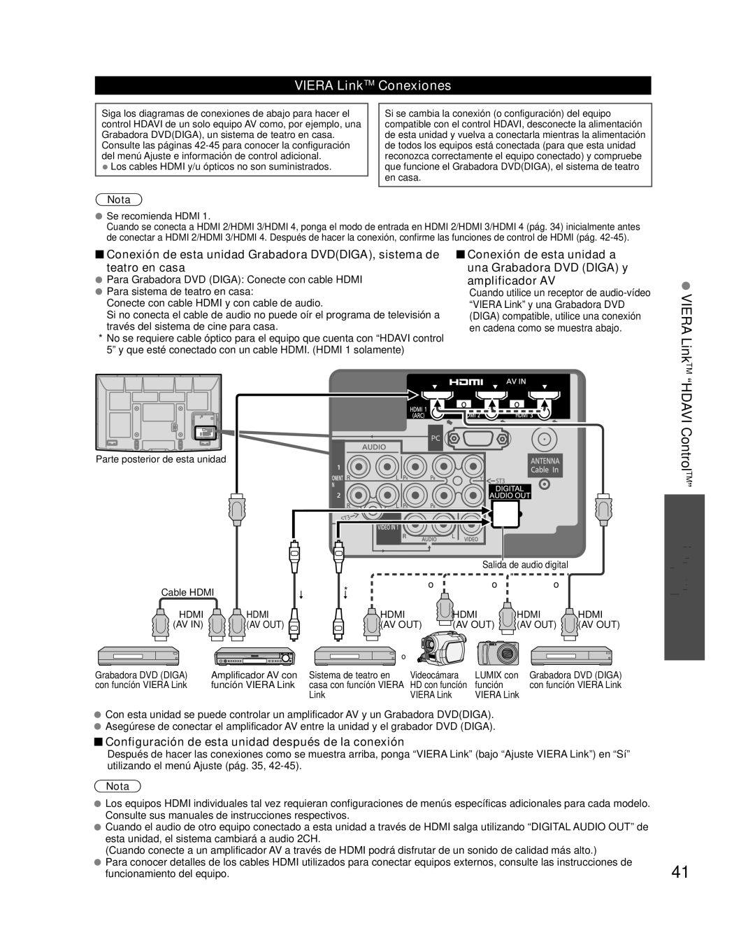 Panasonic TC-P58VT25 Hdavi ControlTM, Viera LinkTM Conexiones, Configuración de esta unidad después de la conexión 