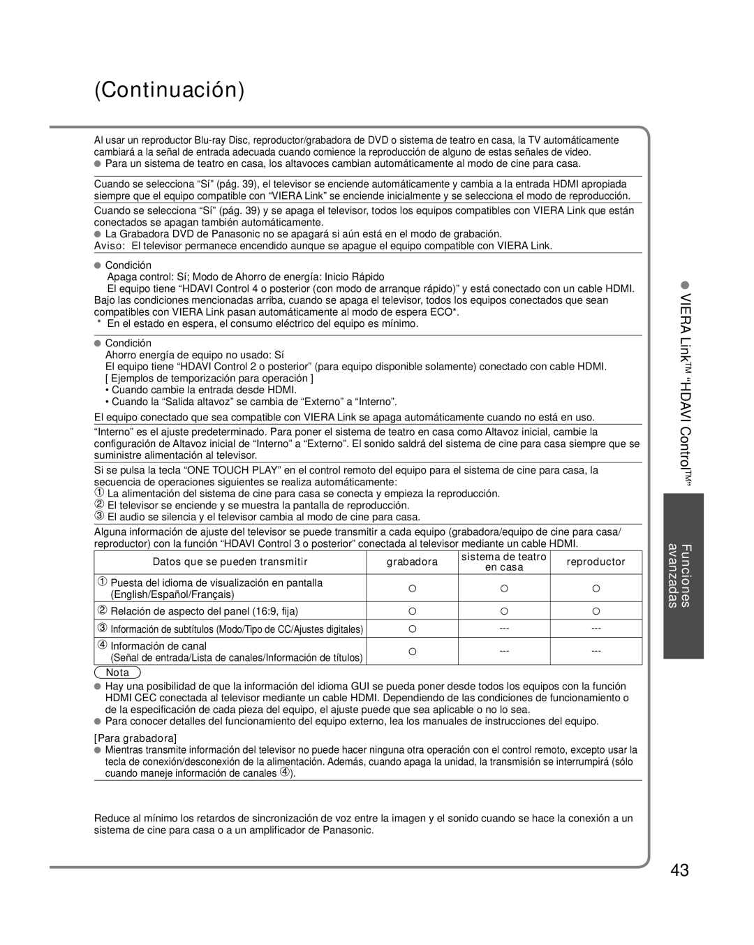 Panasonic TC-P58VT25 Viera LinkTM Hdavi ControlTM, Datos que se pueden transmitir, Información de canal, Para grabadora 