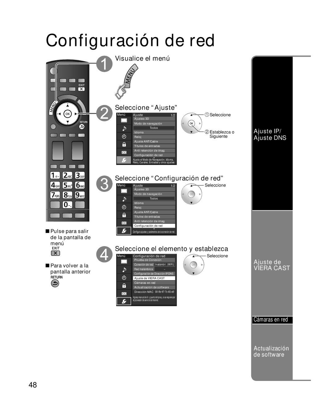 Panasonic TC-P58VT25 quick start Ajuste IP/ Ajuste DNS Ajuste de, Cámaras en red, Actualización de software 