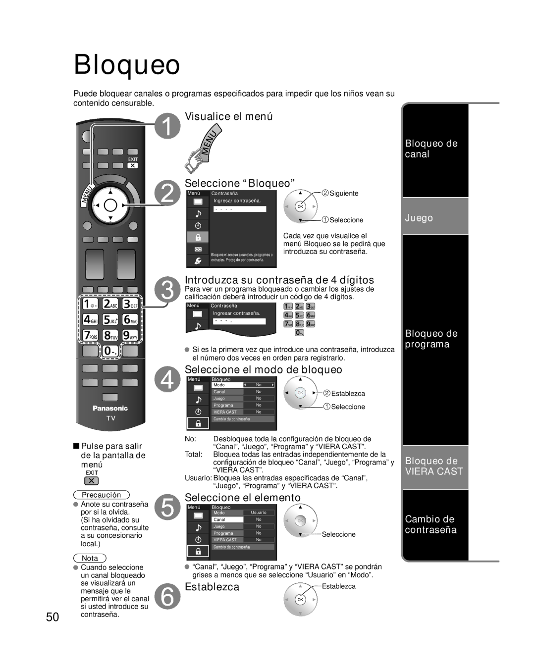 Panasonic TC-P58VT25 quick start Visualice el menú Seleccione Bloqueo, Introduzca su contraseña de 4 dígitos 