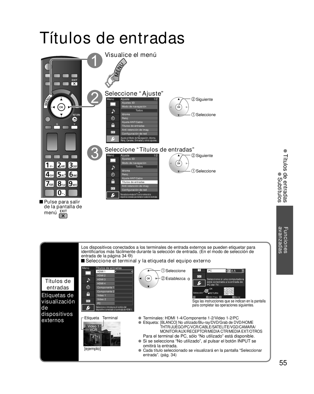 Panasonic TC-P58VT25 quick start Títulos de entradas Subtítulos, Etiquetas de visualización de dispositivos externos 