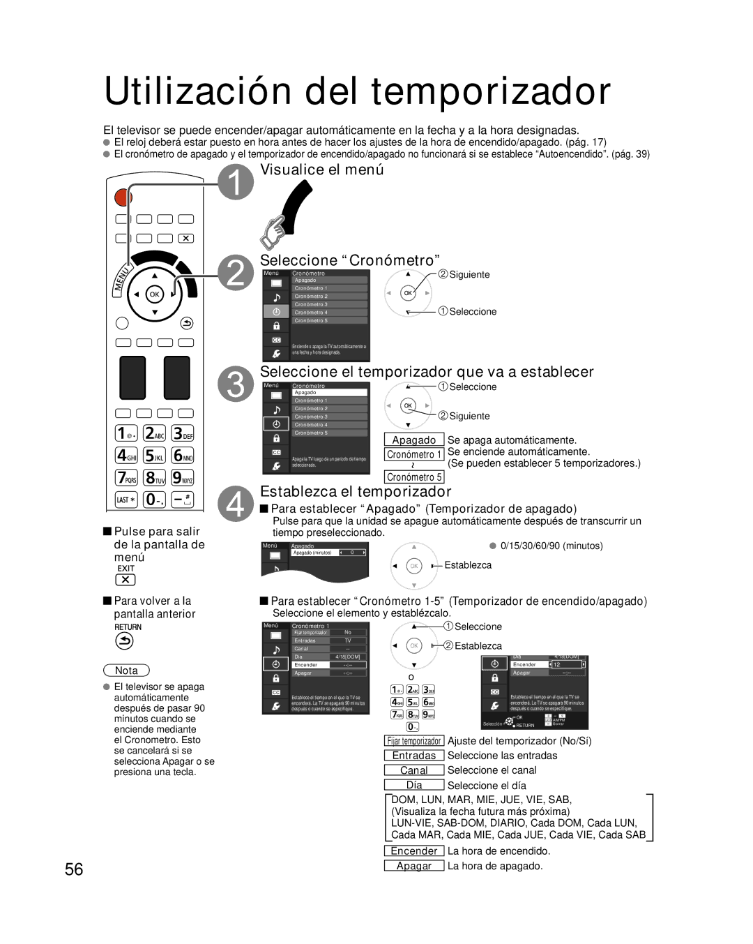 Panasonic TC-P58VT25 Utilización del temporizador, Visualice el menú Seleccione Cronómetro, Establezca el temporizador 