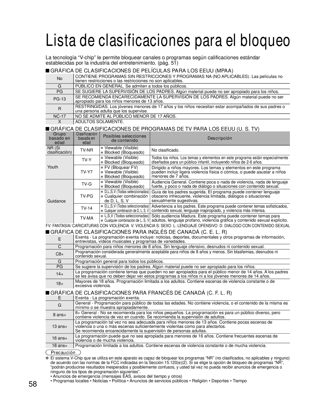 Panasonic TC-P58VT25 quick start Grupo, Posibles selecciones, Descripción, De contenido, Edad 