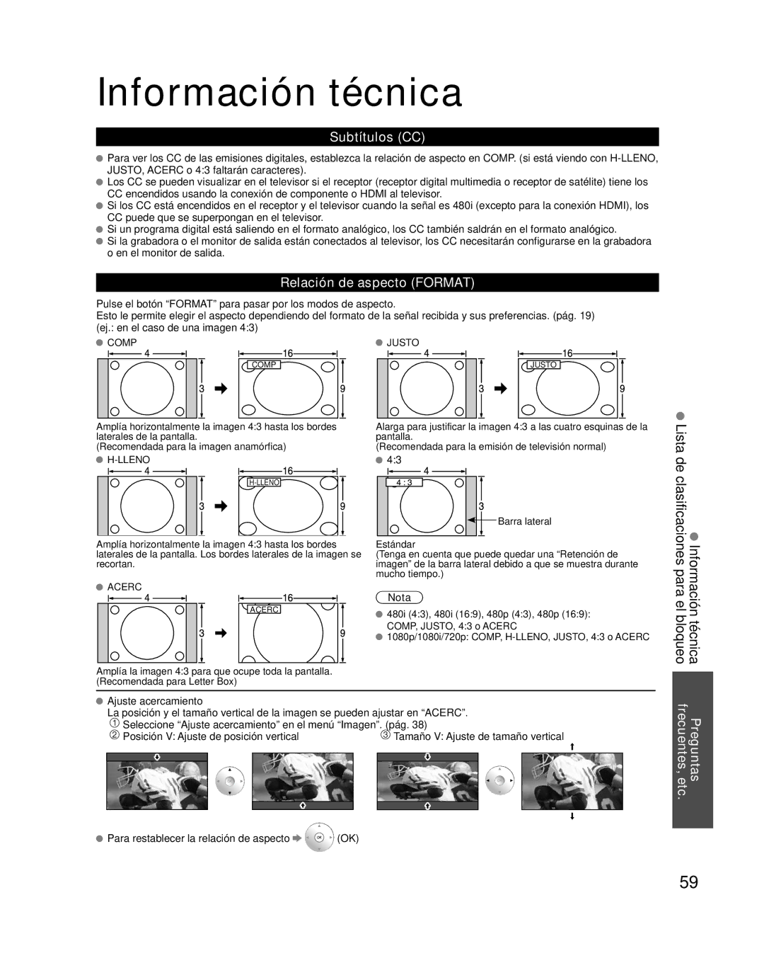 Panasonic TC-P58VT25 quick start Información técnica, Subtítulos CC, Relación de aspecto Format, Lista de clasificaciones 