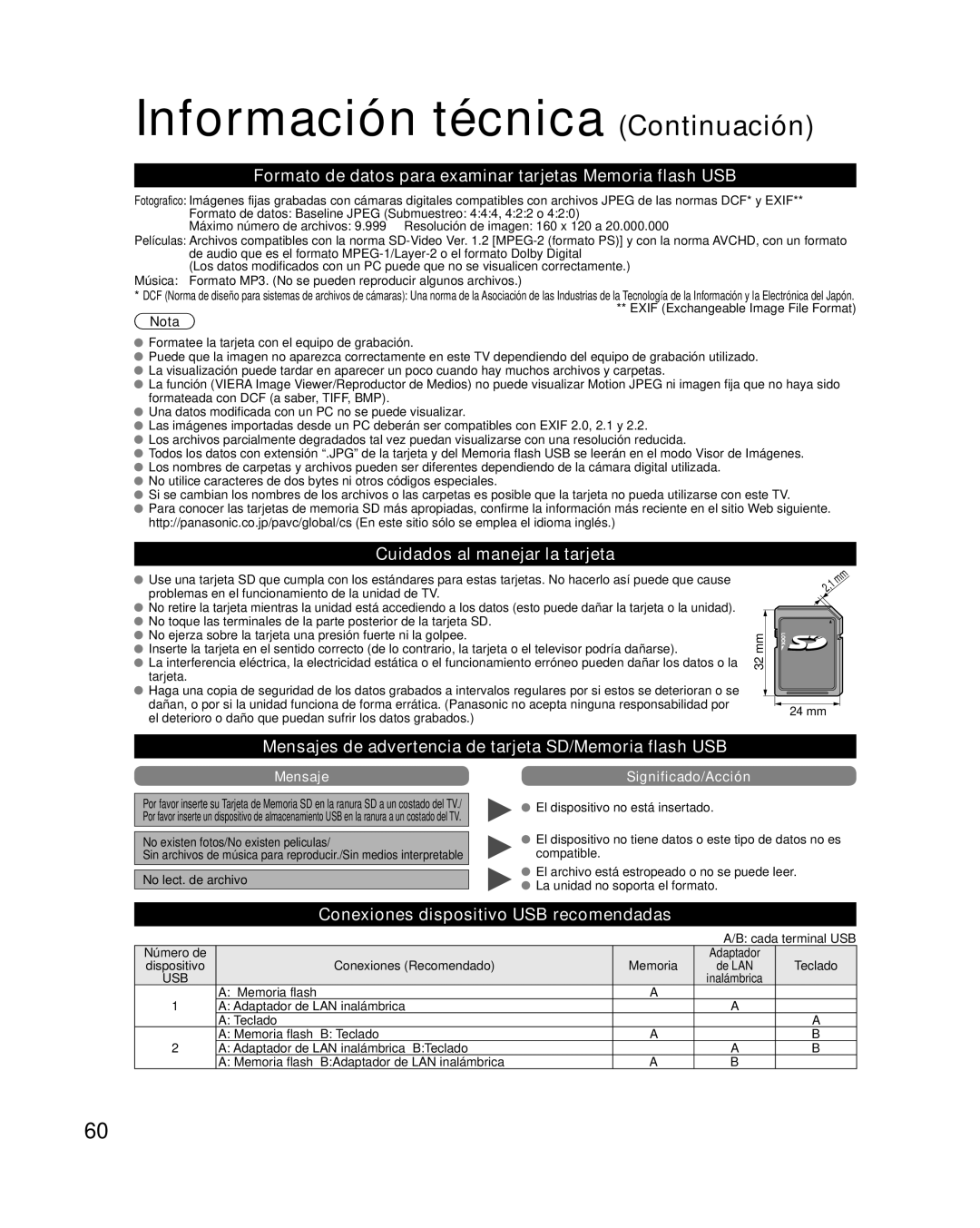 Panasonic TC-P58VT25 Información técnica Continuación, Formato de datos para examinar tarjetas Memoria flash USB 