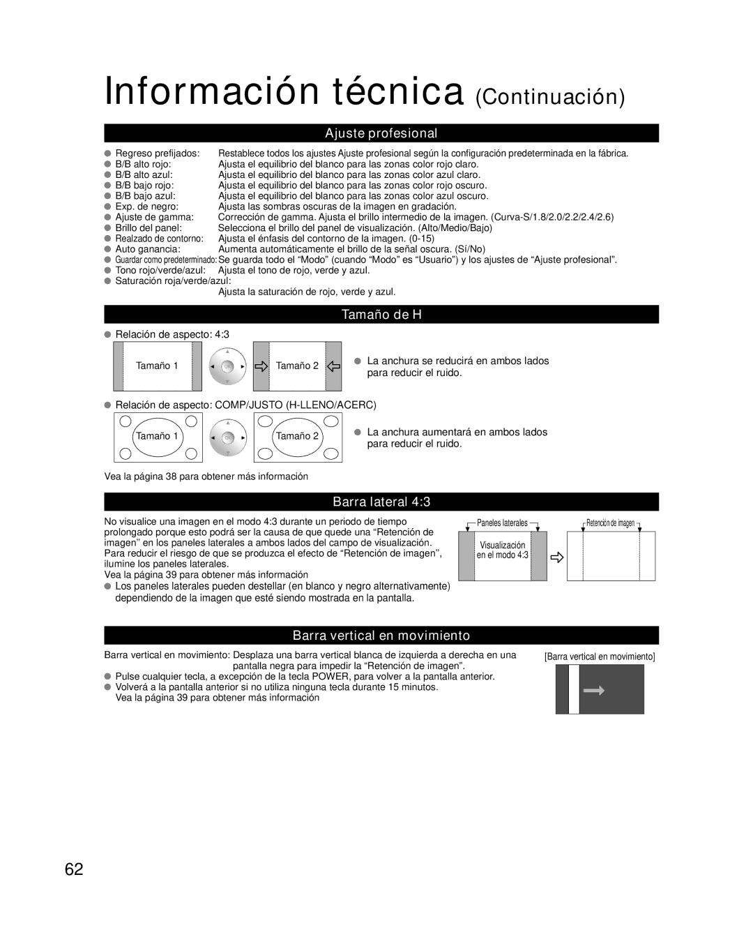 Panasonic TC-P58VT25 quick start Ajuste profesional, Tamaño de H, Barra lateral, Barra vertical en movimiento 