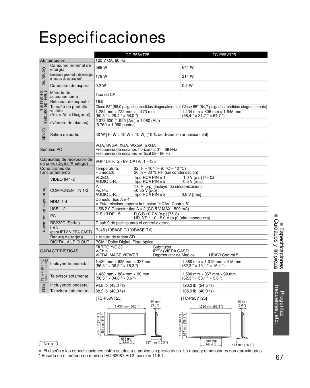 Panasonic TC-P58VT25 quick start Especificaciones 