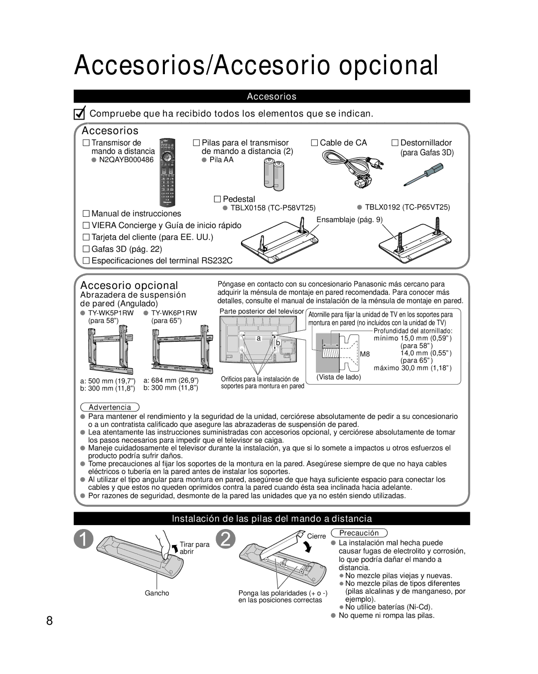 Panasonic TC-P58VT25 quick start Accesorios/Accesorio opcional, Instalación de las pilas del mando a distancia 