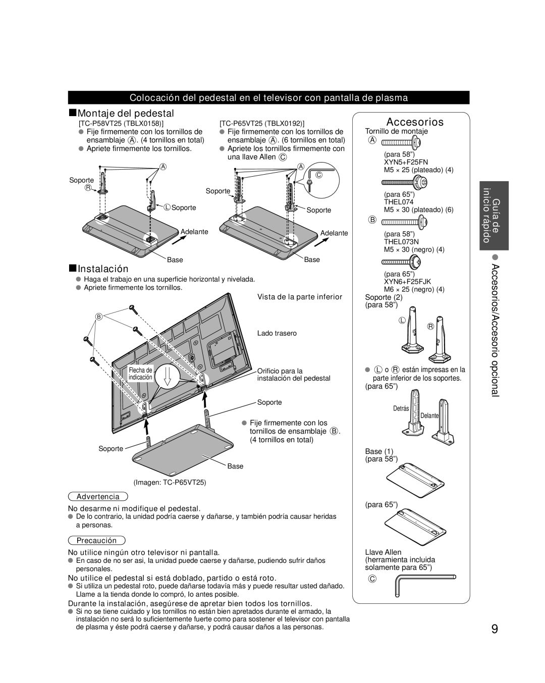 Panasonic TC-P58VT25 quick start Opcional, Guía de Accesorios/Accesorio inicio rápido 