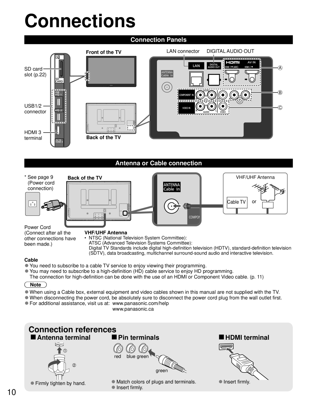 Panasonic TC-P60S30 owner manual Connections, Connection Panels, Antenna or Cable connection, VHF/UHF Antenna 