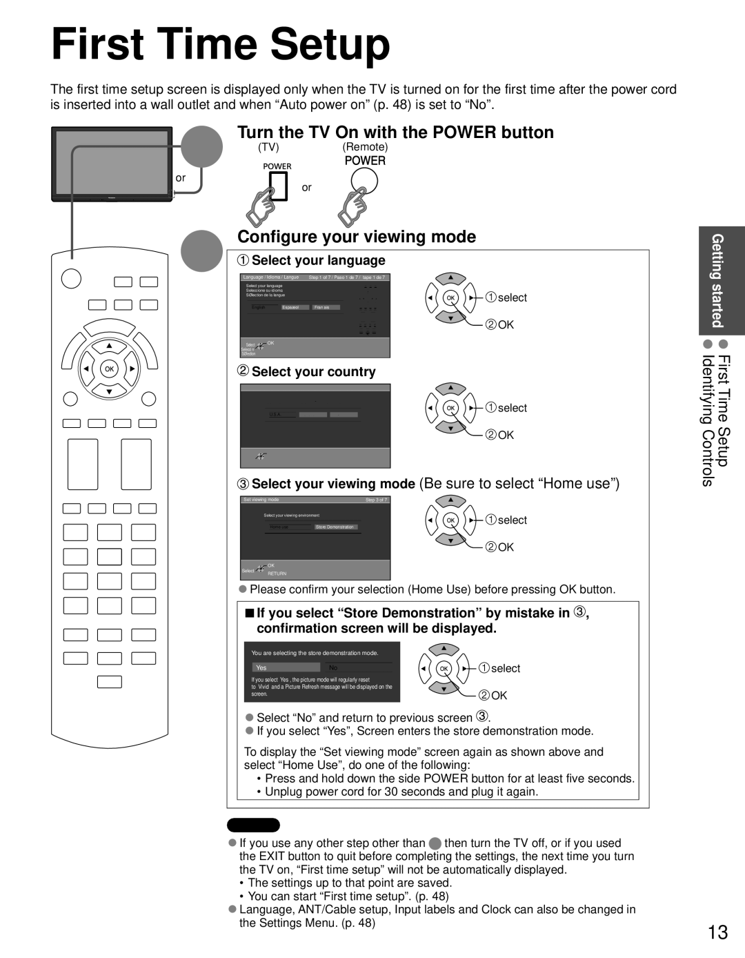 Panasonic TC-P60S30 owner manual First Time Setup, Turn the TV On with the Power button, Configure your viewing mode 