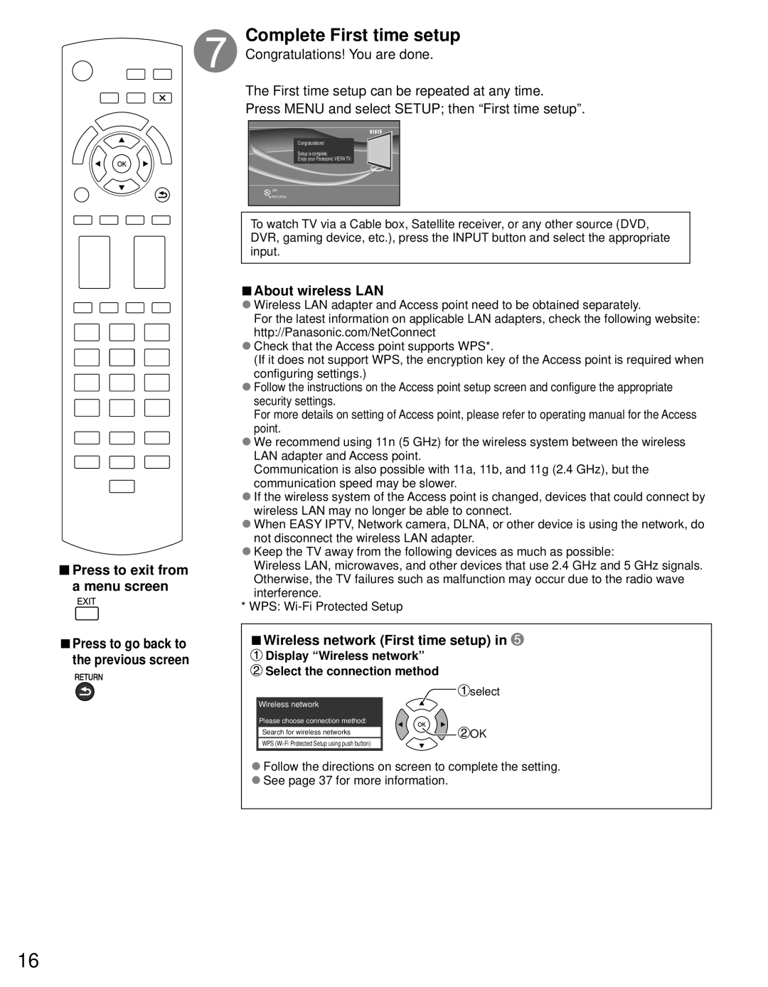 Panasonic TC-P60S30 owner manual Complete First time setup, About wireless LAN, Wireless network First time setup 