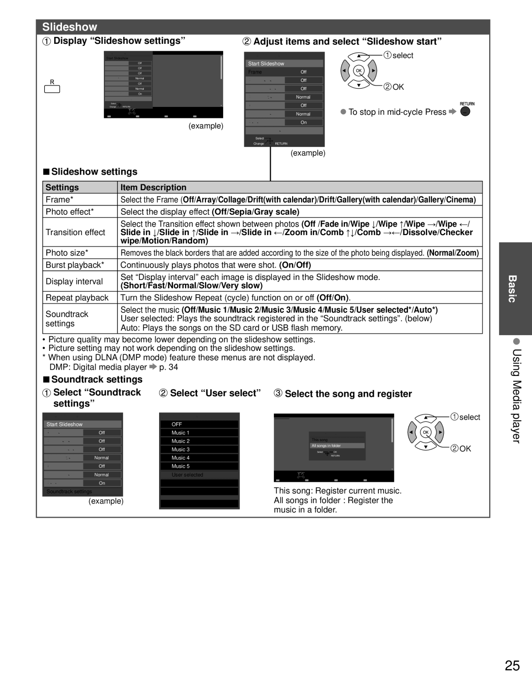 Panasonic TC-P60S30 owner manual Using Media, Player, Slideshow settings 