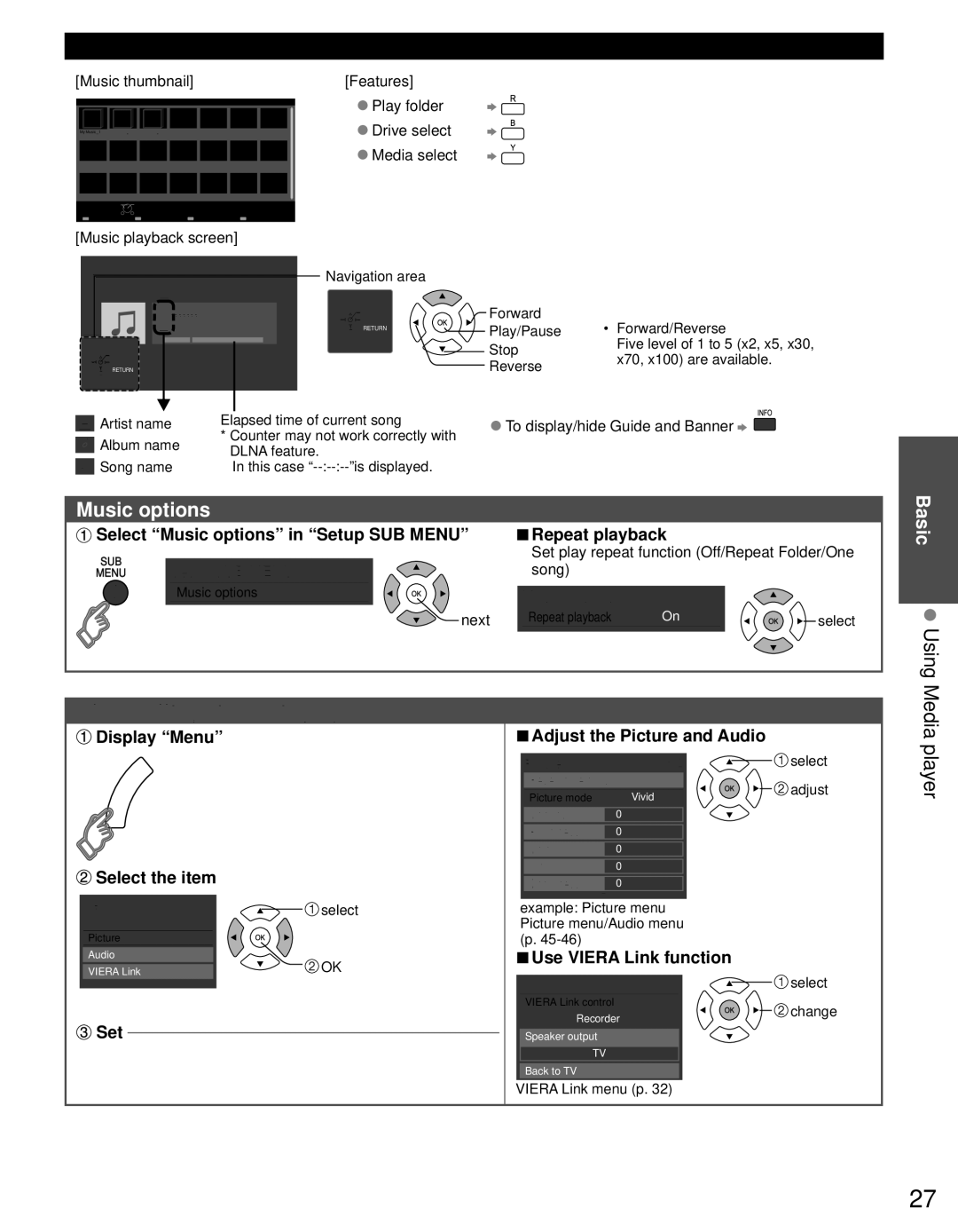 Panasonic TC-P60S30 owner manual Music options, Using, Other settings in Media player, Music view 