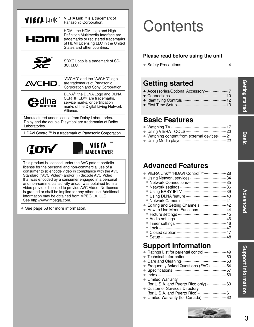 Panasonic TC-P60S30 owner manual Contents 