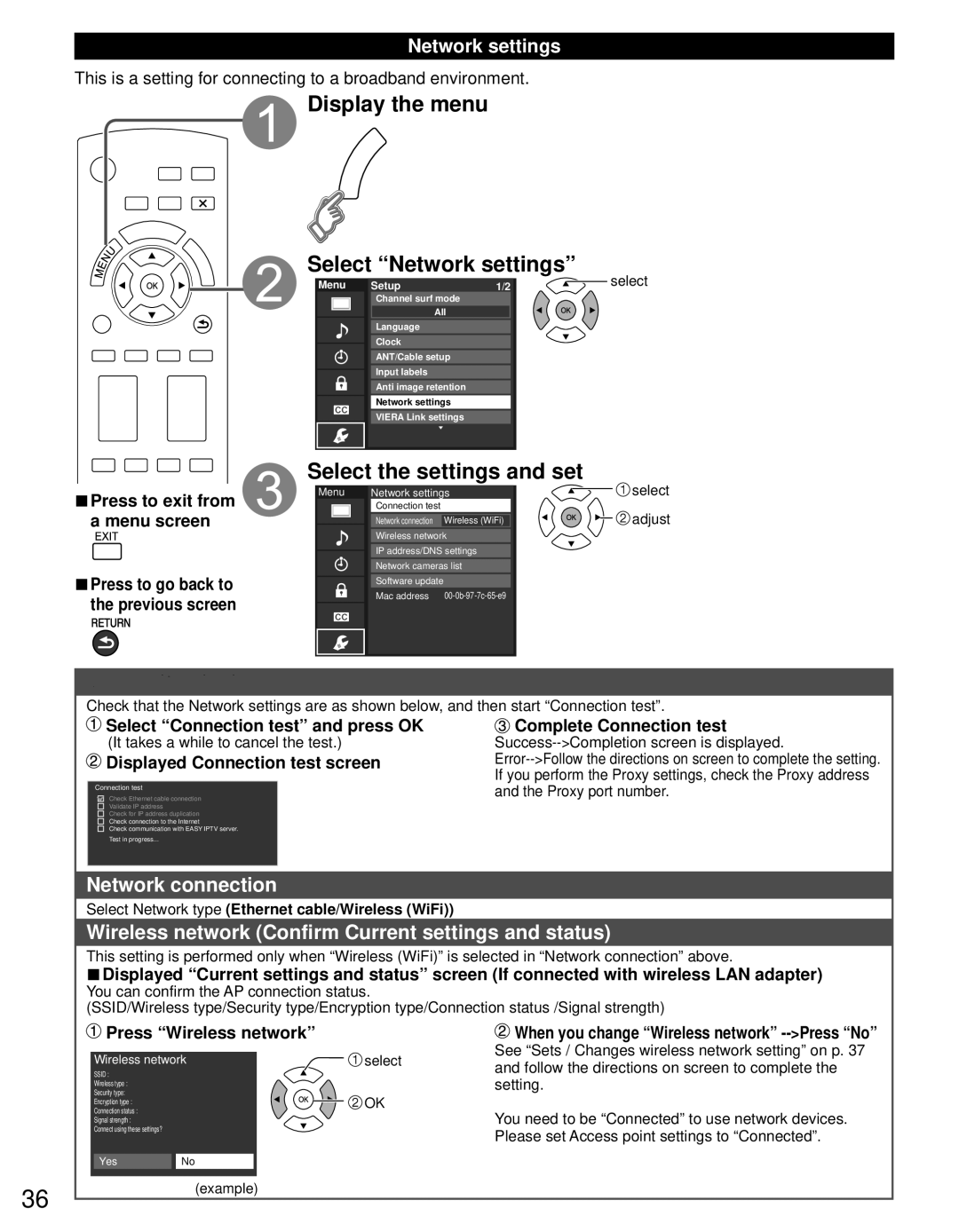 Panasonic TC-P60S30 owner manual Display the menu Select Network settings, Select the settings and set, Connection test 