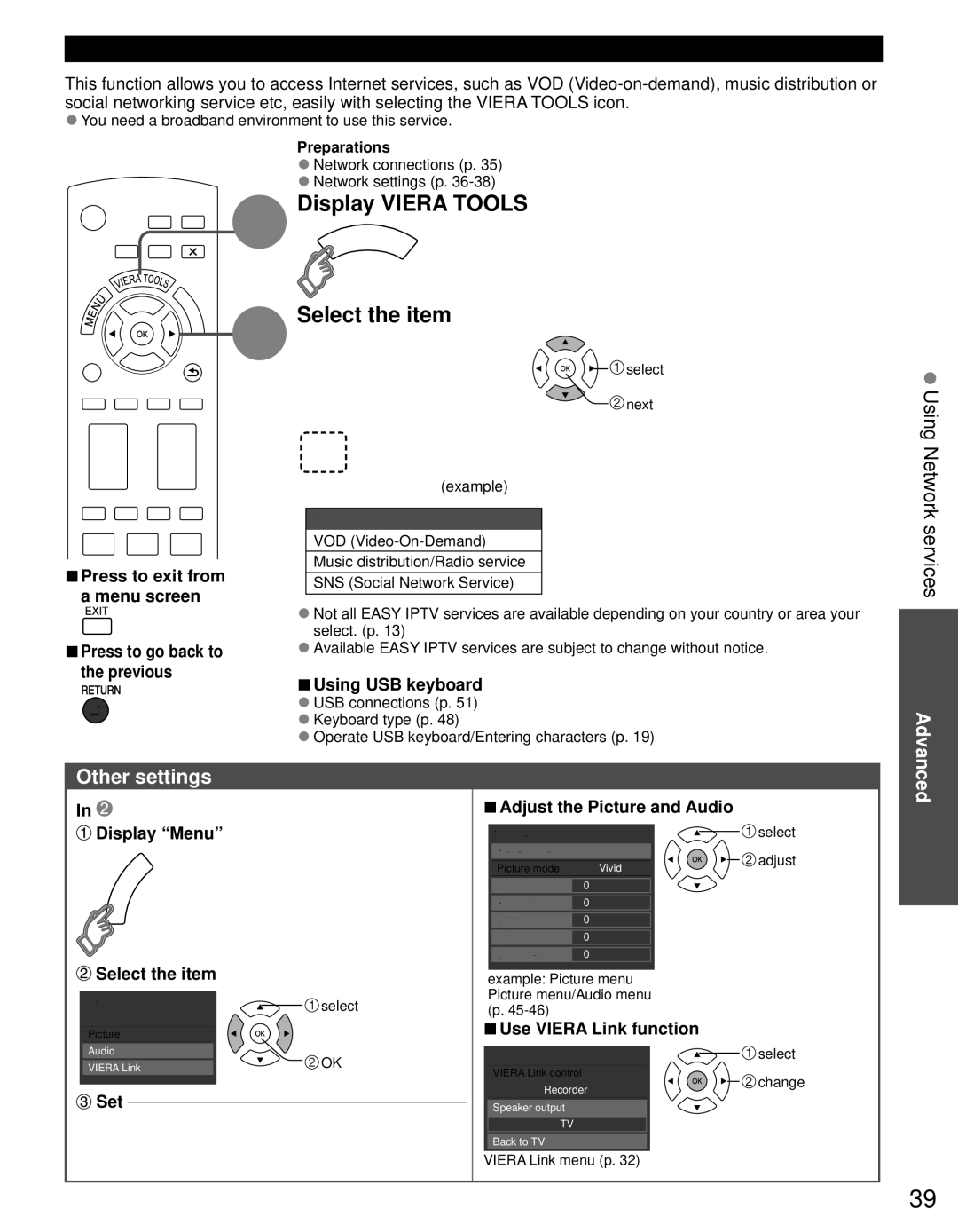 Panasonic TC-P60S30 owner manual Other settings, Using Easy Iptv, Press to go back to the previous, Using USB keyboard 