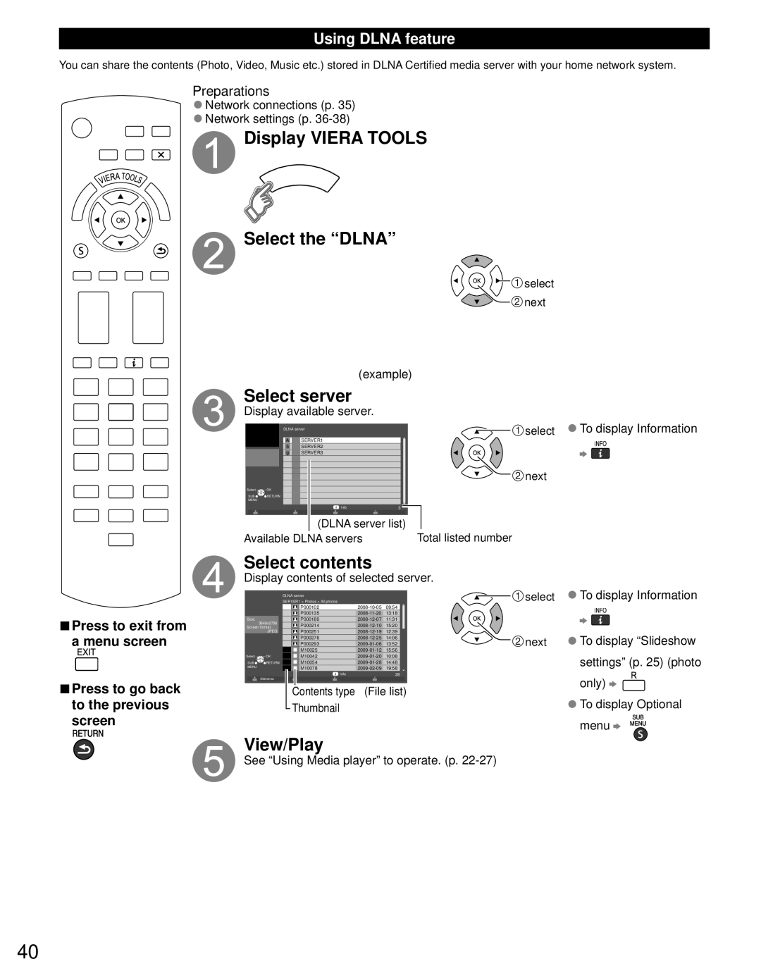 Panasonic TC-P60S30 owner manual Display Viera Tools Select the Dlna, Select server, Select contents, View/Play 