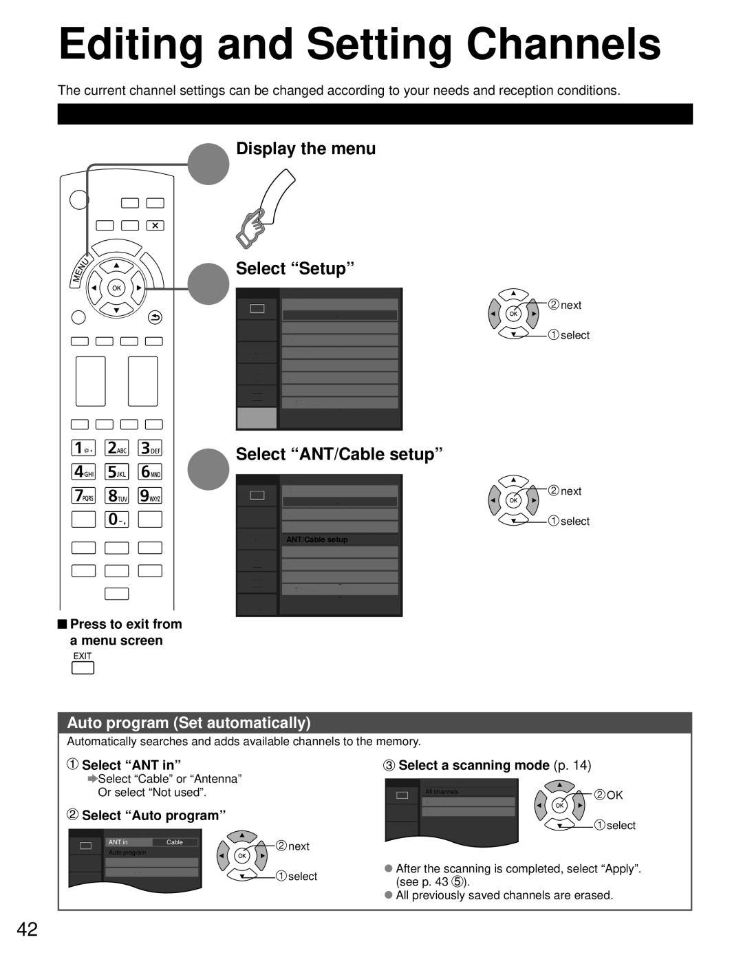 Panasonic TC-P60S30 owner manual Editing and Setting Channels, Display the menu Select Setup, Select ANT/Cable setup 