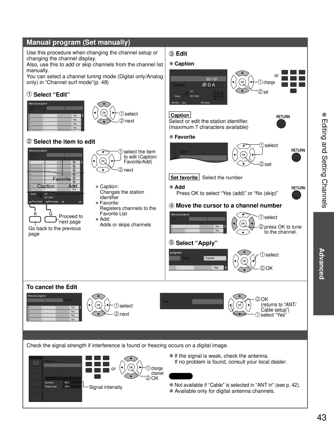 Panasonic TC-P60S30 owner manual Manual program Set manually, Setting Channels, Signal meter Check signal strength 