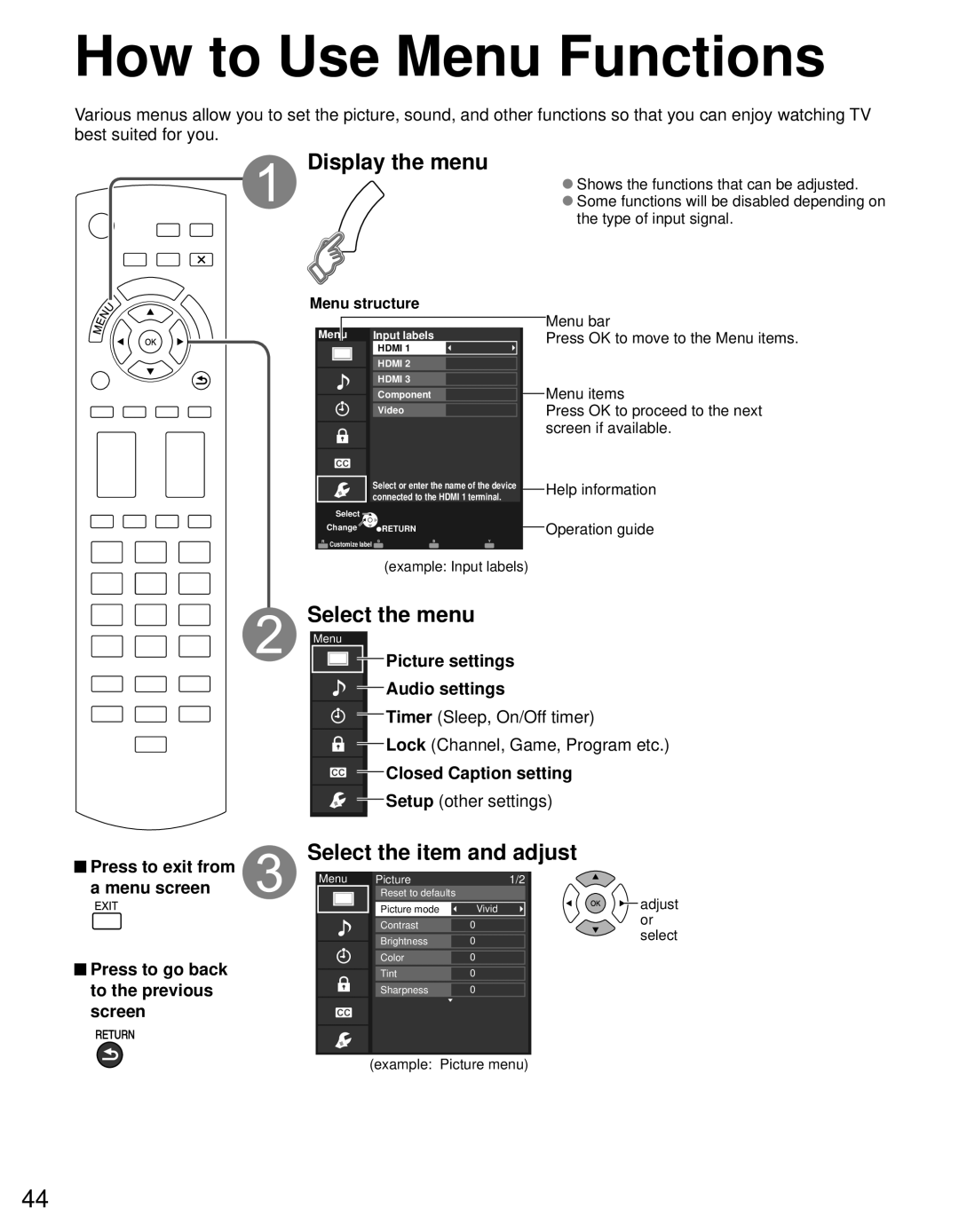 Panasonic TC-P60S30 owner manual How to Use Menu Functions, Display the menu, Select the menu, Select the item and adjust 