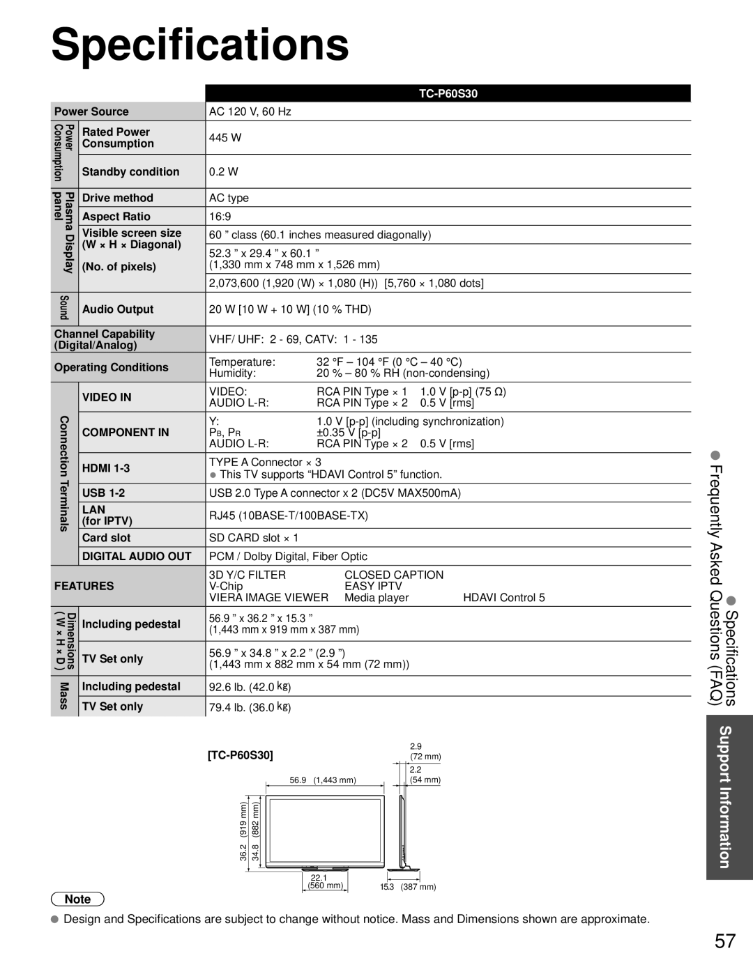 Panasonic TC-P60S30 owner manual Specifications 