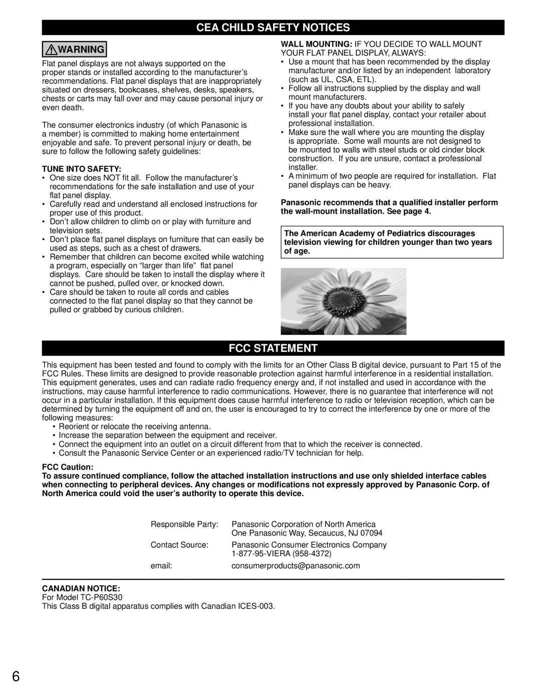 Panasonic TC-P60S30 owner manual CEA Child Safety Notices 