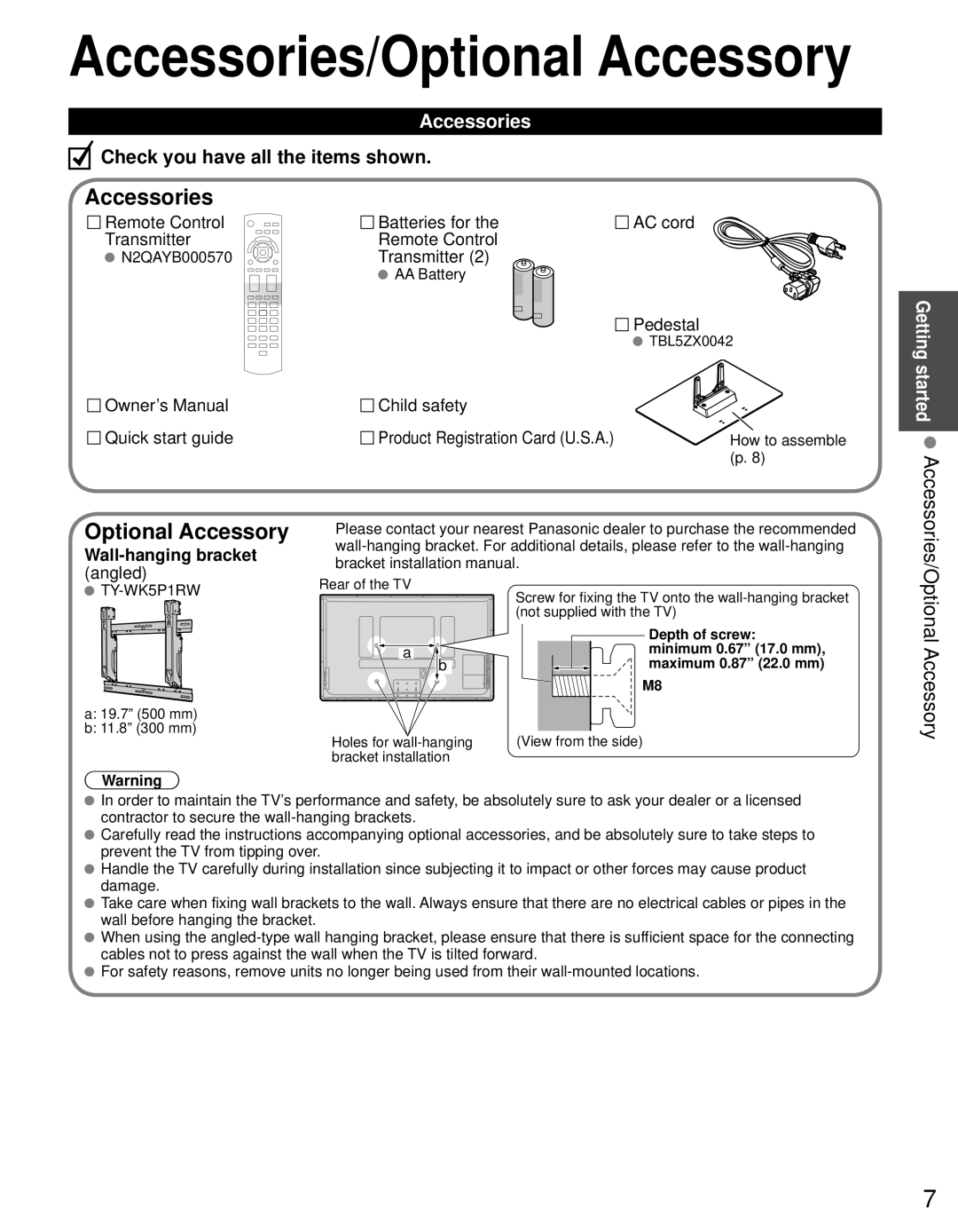 Panasonic TC-P60S30 owner manual Accessories, Optional Accessory, Wall-hanging bracket 