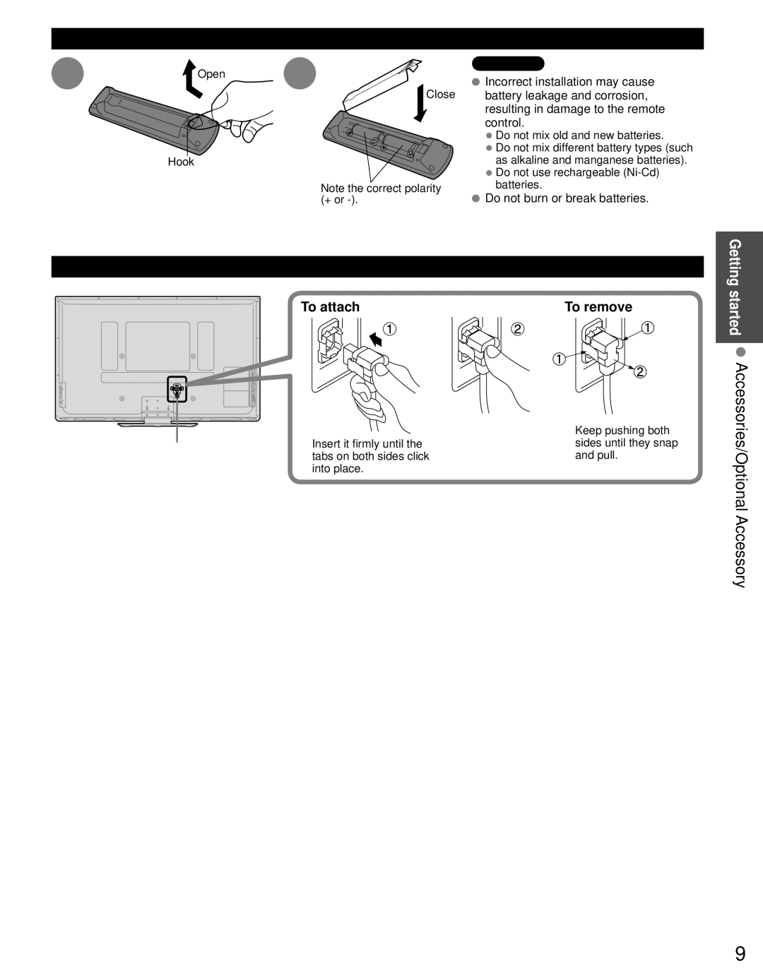 Panasonic TC-P60S30 Getting started Accessories/Optional Accessory, Installing the remote’s batteries, To attach To remove 