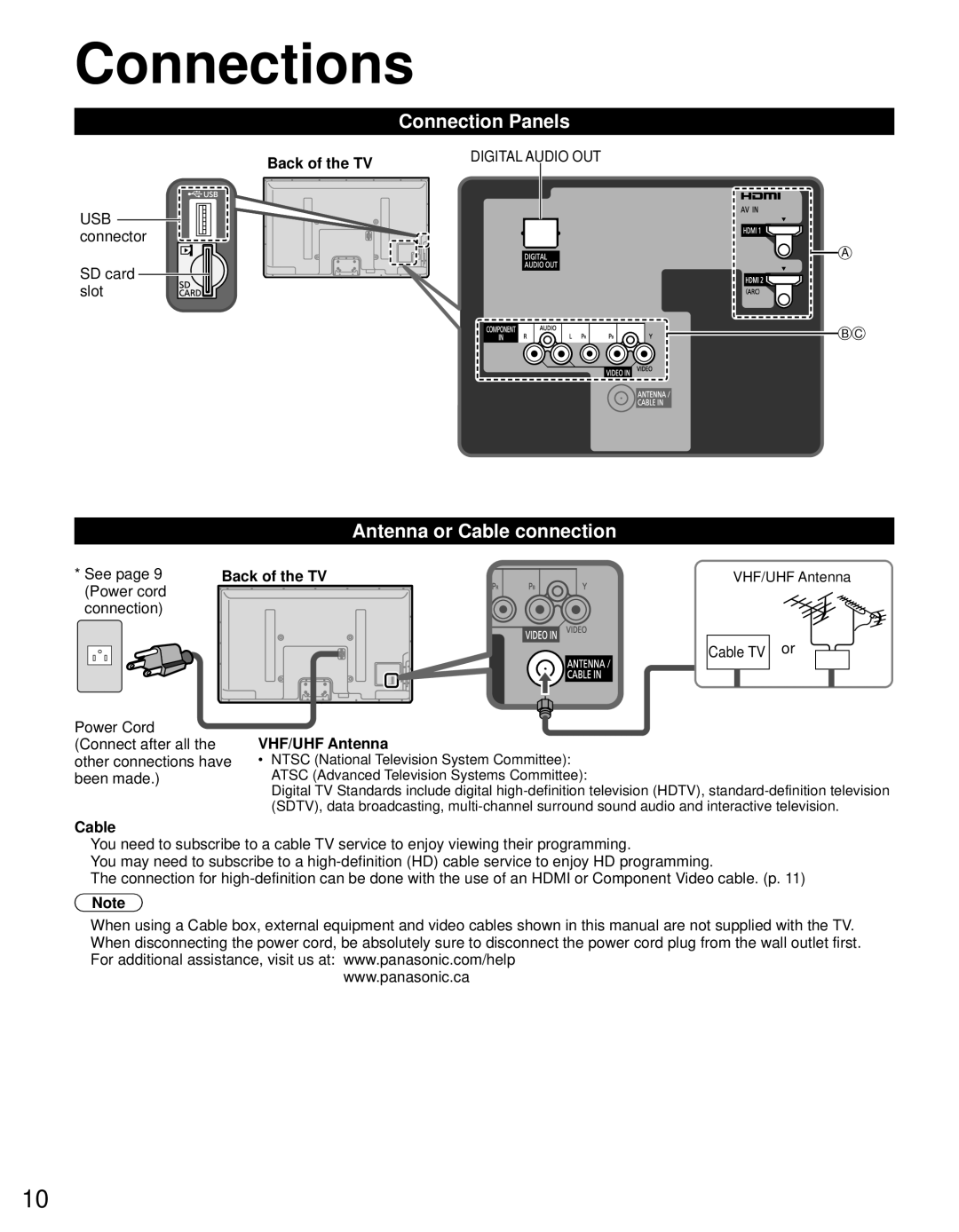 Panasonic TC-P60U50 owner manual Connections, Connection Panels, Antenna or Cable connection 