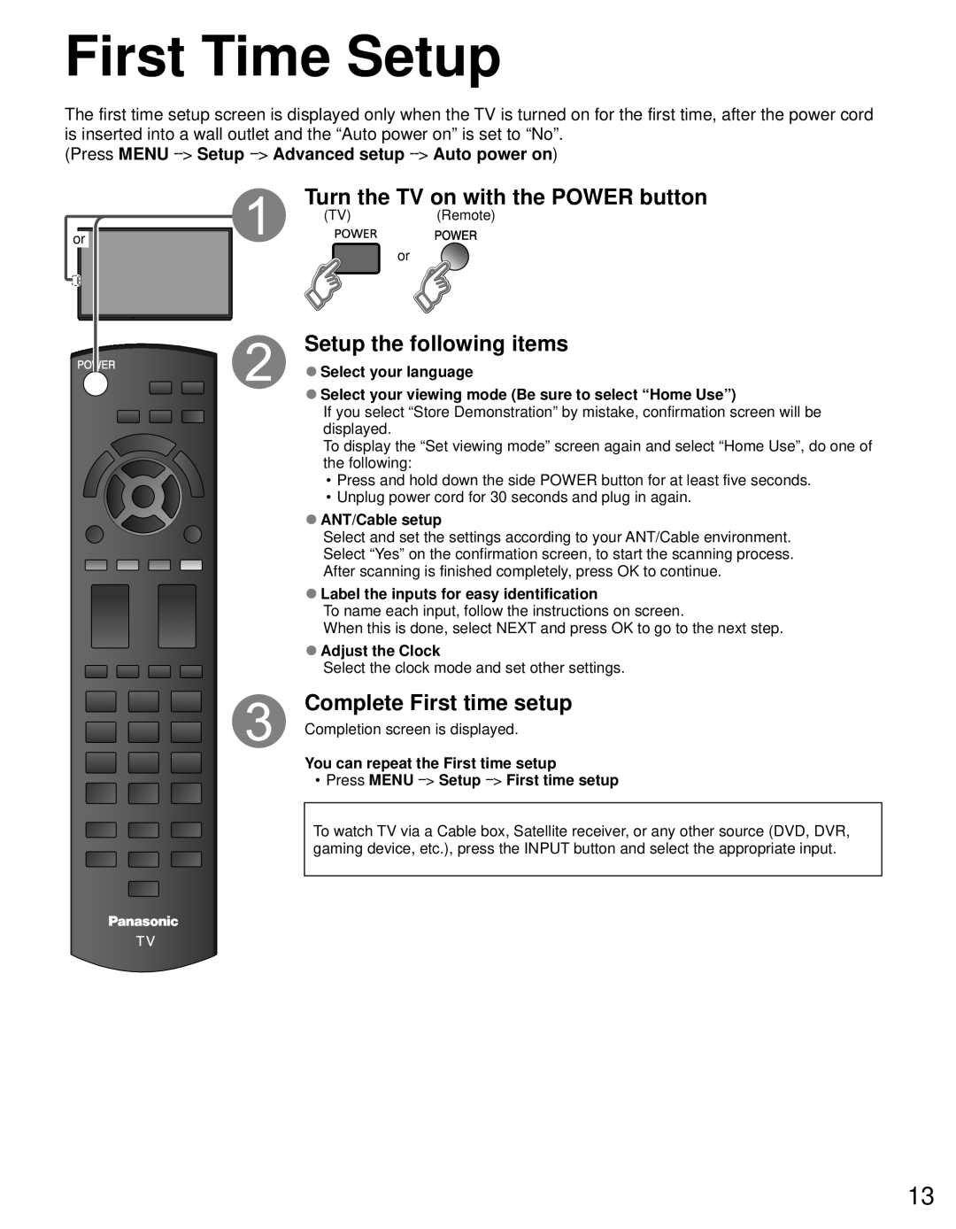 Panasonic TC-P60U50 owner manual First Time Setup, Press Menu --Setup --Advanced setup --Auto power on, ANT/Cable setup 