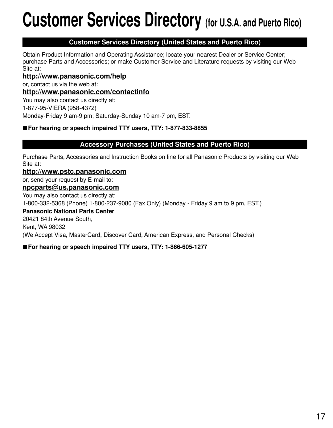 Panasonic TC-P60U50 owner manual Customer Services Directory United States and Puerto Rico, Panasonic National Parts Center 