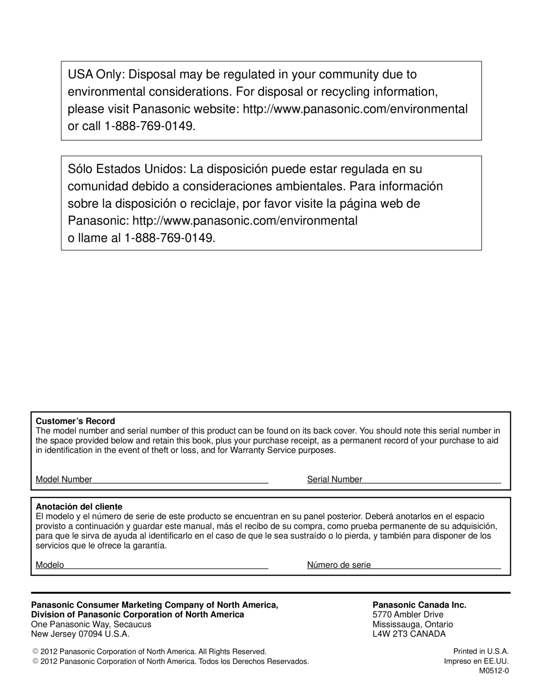 Panasonic TC-P60U50 owner manual Customer’s Record, Anotación del cliente 