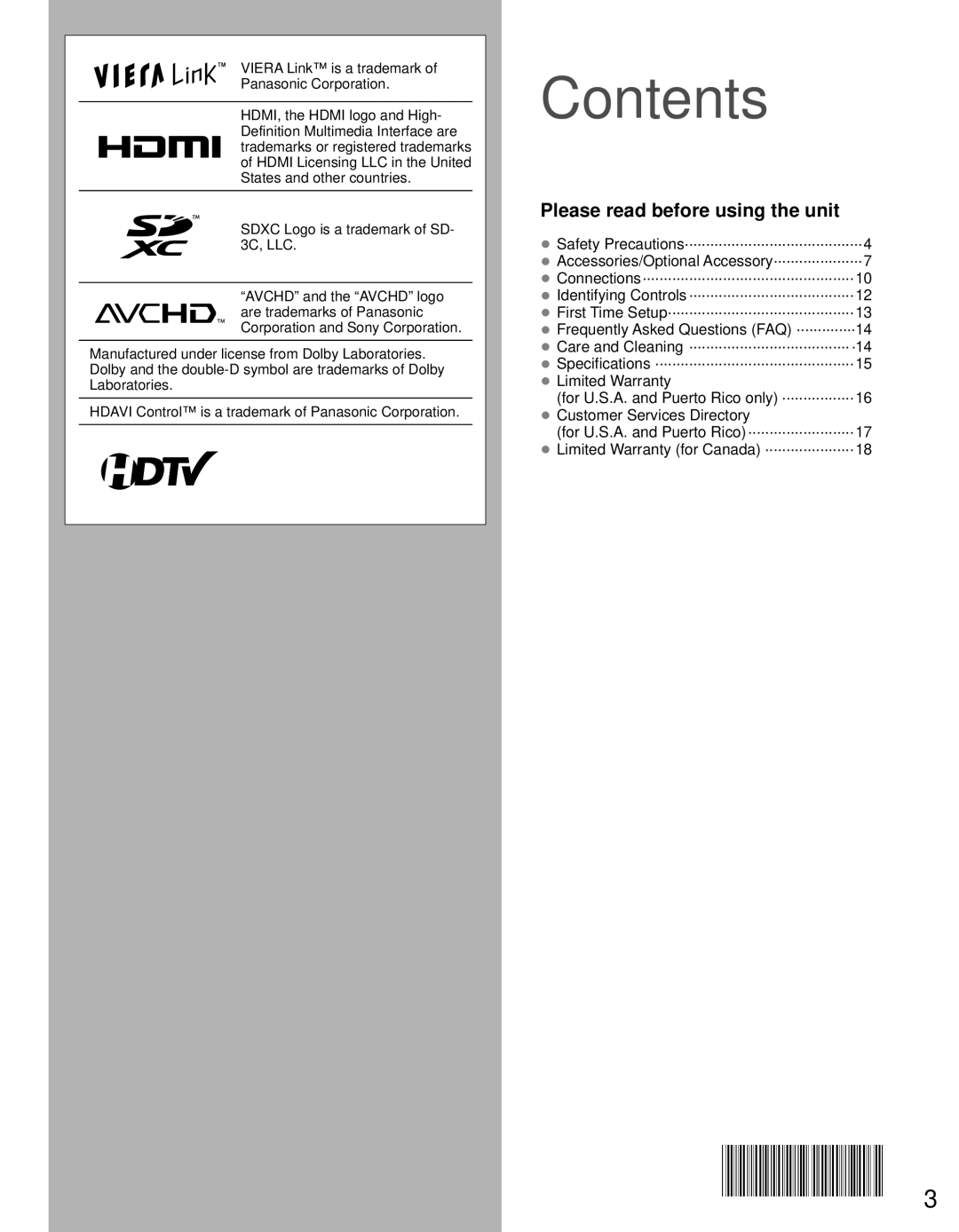 Panasonic TC-P60U50 owner manual Contents 