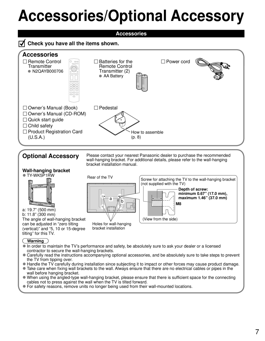 Panasonic TC-P60U50 owner manual Accessories/Optional Accessory, Wall-hanging bracket 