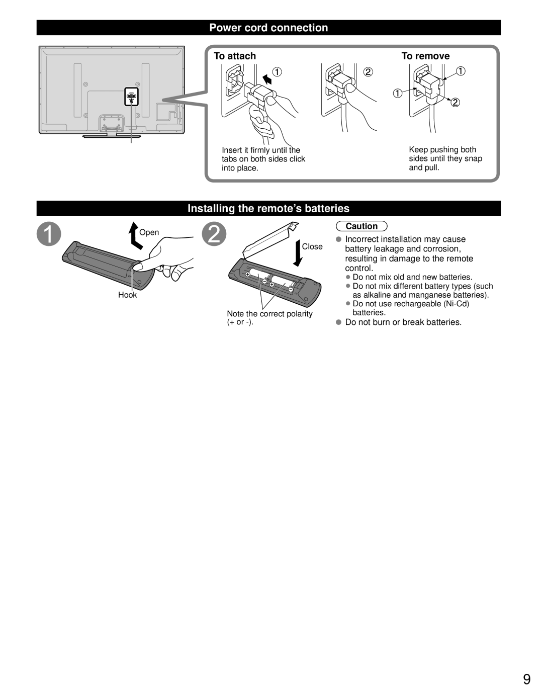 Panasonic TC-P60U50 owner manual Power cord connection, Installing the remote’s batteries, To attach To remove 