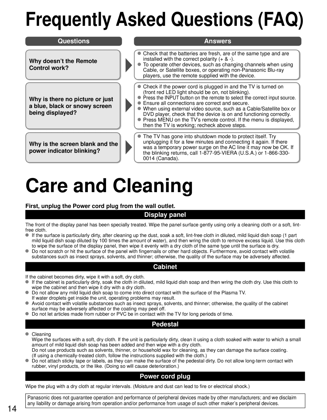 Panasonic TC-P60U50 Care and Cleaning, Frequently Asked Questions FAQ, Answers, Display panel, Cabinet, Pedestal 