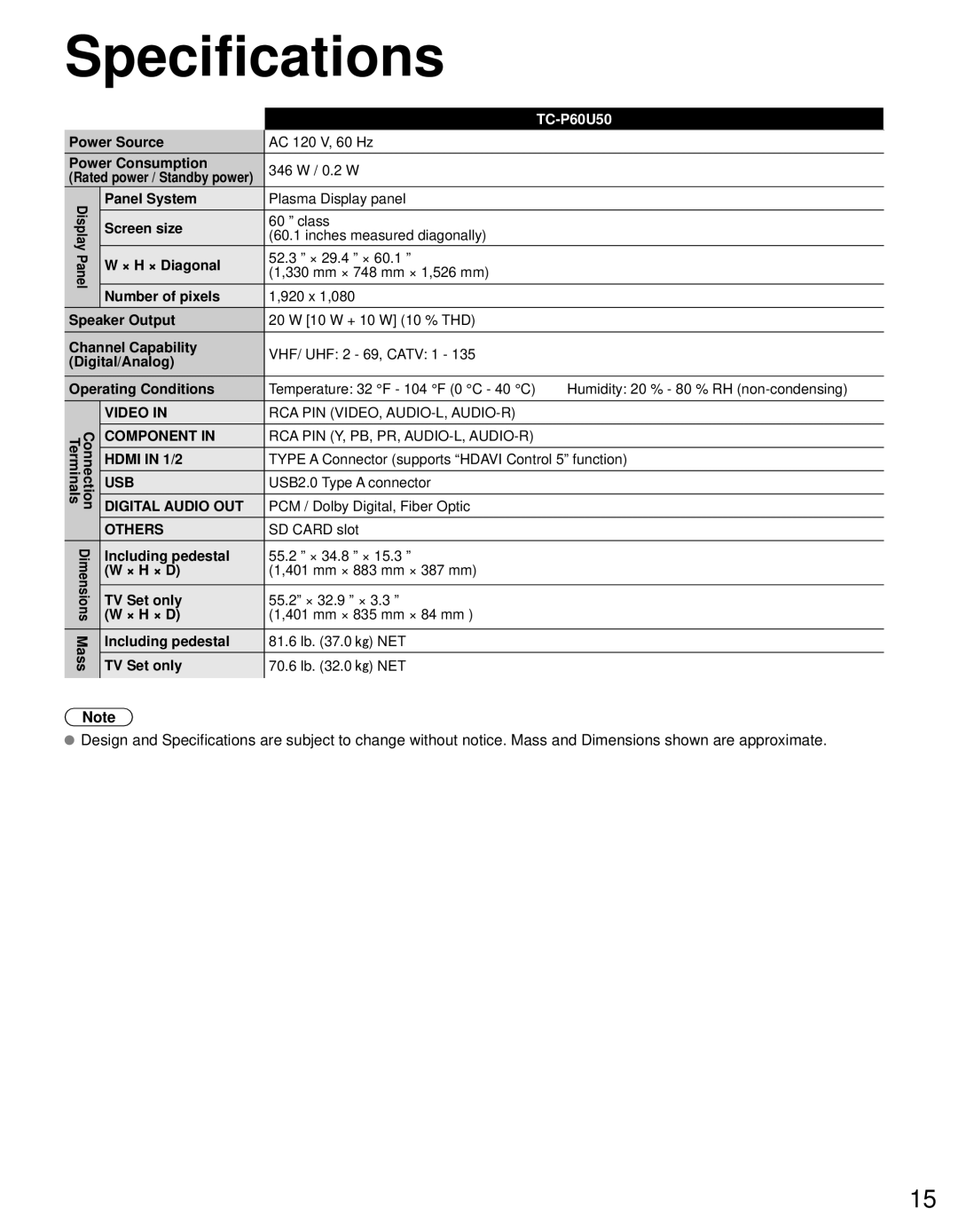 Panasonic TC-P60U50 owner manual Specifications 