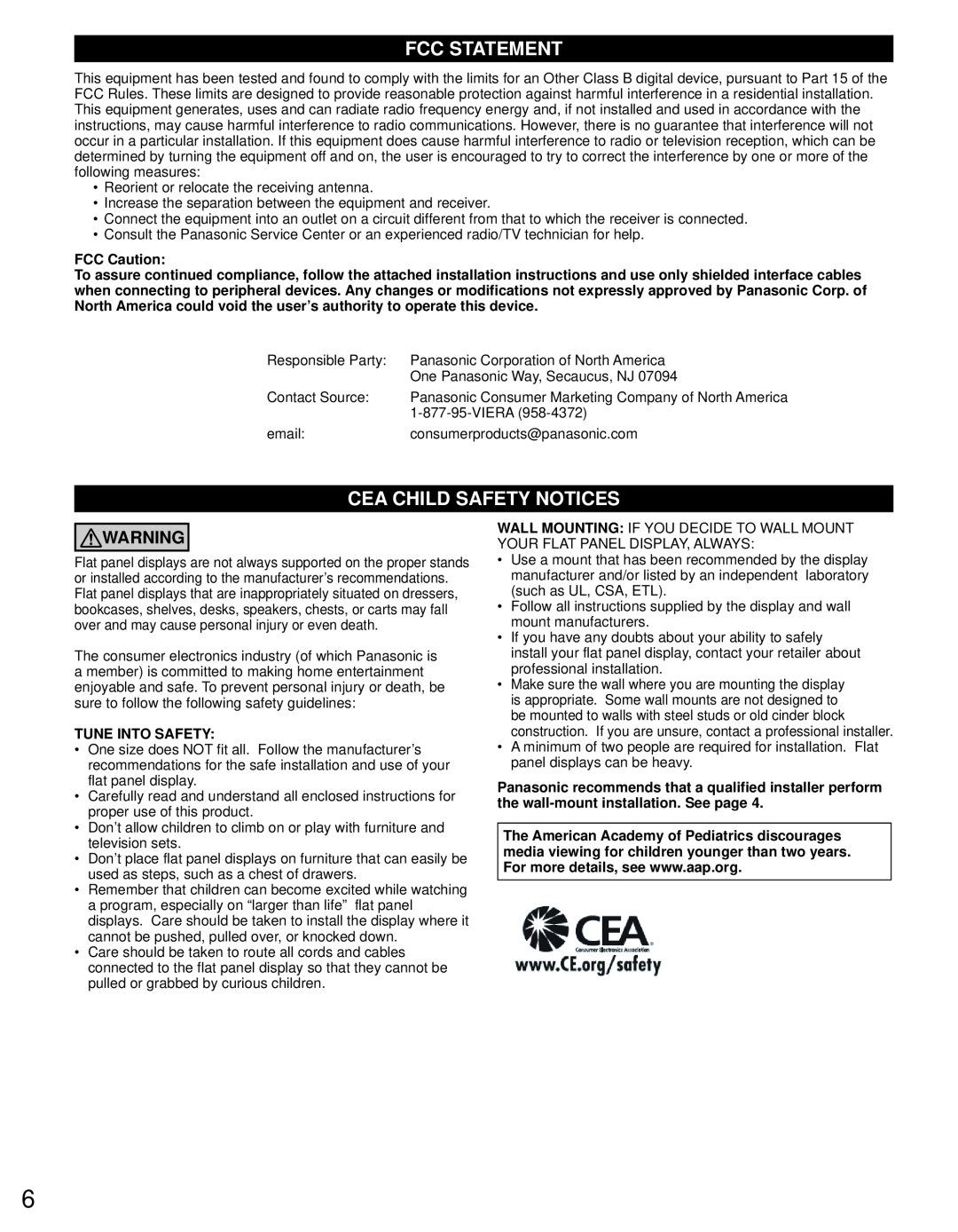 Panasonic TC-P60U50 owner manual Fcc Statement, Cea Child Safety Notices, FCC Caution, Tune Into Safety 