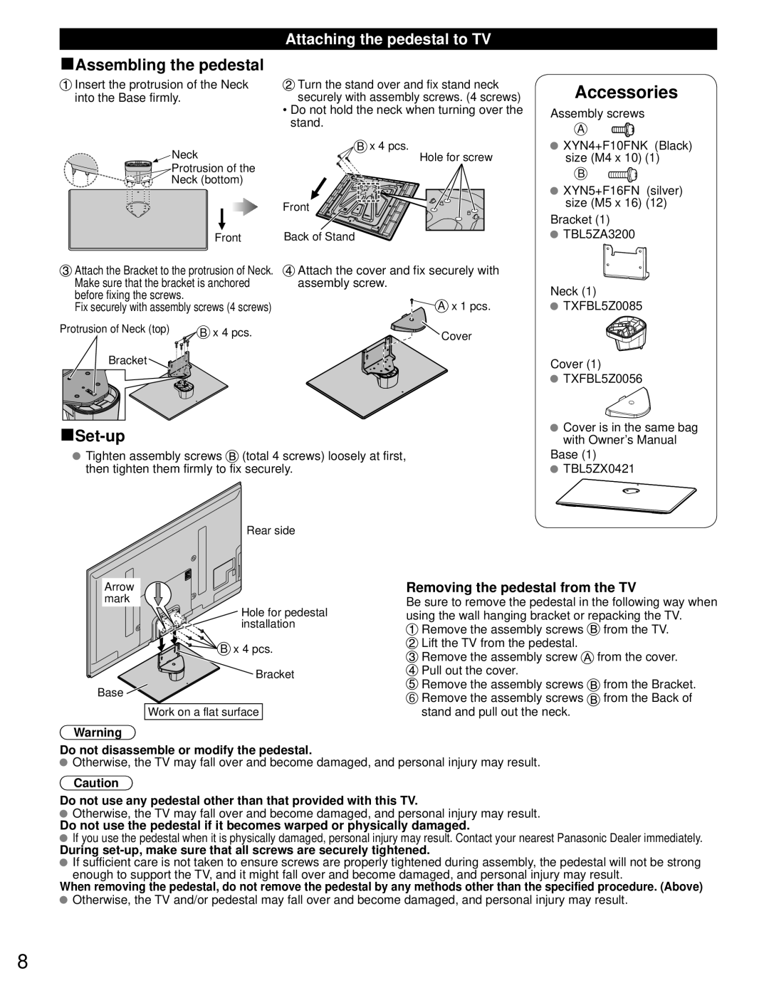 Panasonic TC-P60U50 owner manual Assembling the pedestal, Set-up, Accessories, Attaching the pedestal to TV 