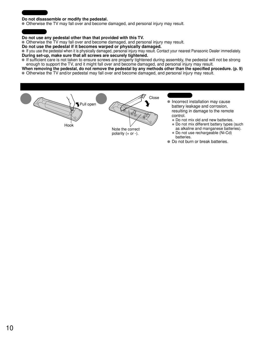 Panasonic TC-P65GT30, TC-P60GT30 owner manual Installing the remote’s batteries, Do not disassemble or modify the pedestal 