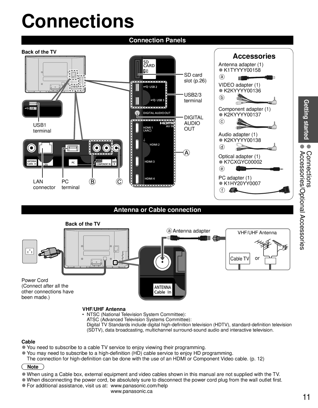 Panasonic TC-P60GT30, TC-P65GT30 owner manual Connections, Accessories, Connection Panels, Antenna or Cable connection 