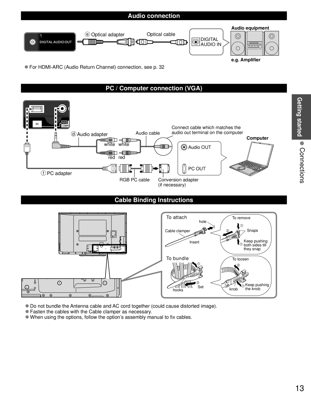 Panasonic TC-P60GT30, TC-P65GT30 owner manual Audio connection, PC / Computer connection VGA, Cable Binding Instructions 